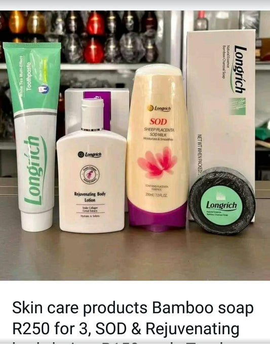 Skin care products, Bamboo soap, Rejuvenating lotion, SOD and Toothpaste